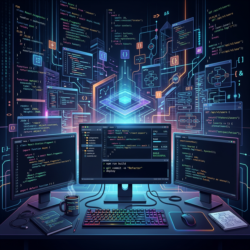Computer workstation with multiple monitors displaying complex programming code and data flow diagrams